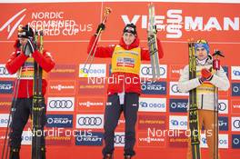 07.03.2020, Oslo, Norway (NOR): Joergen Graabak (NOR), Jarl Magnus Riiber (NOR), Vinzenz Geiger (GER), (l-r) - FIS world cup nordic combined, individual gundersen HS134/10km, Oslo (NOR). www.nordicfocus.com. © THIBAUT/NordicFocus. Every downloaded picture is fee-liable.