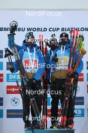 15.01.2021, Oberhof, Germany (GER): Simon Desthieux (FRA), Emilien Jacquelin (FRA), Quentin Fillon Maillet (FRA), Fabien Claude (FRA), (l-r) -  IBU World Cup Biathlon, relay men, Oberhof (GER). www.nordicfocus.com. © Manzoni/NordicFocus. Every downloaded picture is fee-liable.