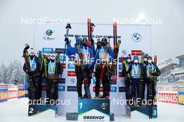 15.01.2021, Oberhof, Germany (GER): Johannes Thingnes Boe (NOR), Vetle Sjaastad Christiansen (NOR), Tarjei Boe (NOR), Johannes Dale (NOR), Emilien Jacquelin (FRA), Simon Desthieux (FRA), Quentin Fillon Maillet (FRA), Fabien Claude (FRA), Dominik Windisch (ITA), Lukas Hofer (ITA), Tommaso Giacomel (ITA), Thomas Bormolini (ITA), (l-r) -  IBU World Cup Biathlon, relay men, Oberhof (GER). www.nordicfocus.com. © Manzoni/NordicFocus. Every downloaded picture is fee-liable.