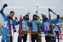 15.01.2021, Oberhof, Germany (GER): Emilien Jacquelin (FRA), Fabien Claude (FRA), Quentin Fillon Maillet (FRA), Simon Desthieux (FRA), (l-r) -  IBU World Cup Biathlon, relay men, Oberhof (GER). www.nordicfocus.com. © Manzoni/NordicFocus. Every downloaded picture is fee-liable.