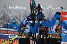 15.01.2021, Oberhof, Germany (GER): Quentin Fillon Maillet (FRA), Fabien Claude (FRA), Simon Desthieux (FRA), (l-r) -  IBU World Cup Biathlon, relay men, Oberhof (GER). www.nordicfocus.com. © Manzoni/NordicFocus. Every downloaded picture is fee-liable.