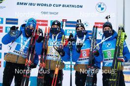 15.01.2021, Oberhof, Germany (GER): Emilien Jacquelin (FRA), Fabien Claude (FRA), Quentin Fillon Maillet (FRA), Simon Desthieux (FRA), (l-r) -  IBU World Cup Biathlon, relay men, Oberhof (GER). www.nordicfocus.com. © Manzoni/NordicFocus. Every downloaded picture is fee-liable.