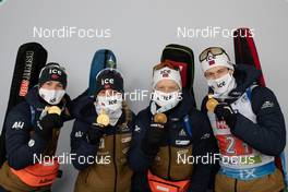 10.02.2021, Pokljuka, Slovenia (SLO): Marte Olsbu Roeiseland (NOR), Tiril Eckhoff (NOR), Johannes Thingnes Boe (NOR), Sturla Holm Laegreid (NOR), (l-r) - IBU World Championships Biathlon, medals, Pokljuka (SLO). www.nordicfocus.com. © Manzoni/NordicFocus. Every downloaded picture is fee-liable.