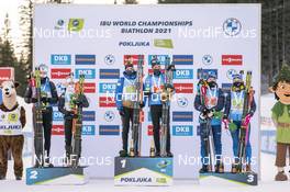 18.02.2021, Pokljuka, Slovenia (SLO): Johannes Thingnes Boe (NOR), Tiril Eckhoff (NOR), Julia Simon (FRA), Antonin Guigonnat (FRA), (l-r) - IBU World Championships Biathlon, single mixed relay, Pokljuka (SLO). www.nordicfocus.com. © Thibaut/NordicFocus. Every downloaded picture is fee-liable.