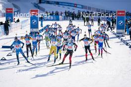 18.02.2021, Pokljuka, Slovenia (SLO): Emilien Jacquelin (FRA), Antonin Guigonnat (FRA), Quentin Fillon Maillet (FRA), Sebastian Samuelsson (SWE), Johannes Thingnes Boe (NOR), Christian Gow (CAN), Florent Claude (BEL), Benjamin Weger (SUI), (l-r) - IBU World Championships Biathlon, single mixed relay, Pokljuka (SLO). www.nordicfocus.com. © Thibaut/NordicFocus. Every downloaded picture is fee-liable.