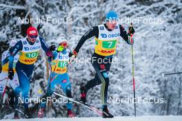 05.12.2021, Lillehammer, Norway (NOR): Jonas Baumann (SUI), Jules Lapierre (FRA), Lucas Boegl (GER), (l-r)  - FIS world cup cross-country, 4x7.5km men, Lillehammer (NOR). www.nordicfocus.com. © Modica/NordicFocus. Every downloaded picture is fee-liable.