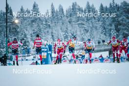 05.12.2021, Lillehammer, Norway (NOR): Simen Hegstad Krueger (NOR), Johannes Hoesflot Klaebo (NOR), Ivan Yakimushkin (RUS), Hans Christer Holund (NOR), Harald Oestberg Amundsen (NOR), Sergey Ustiugov (RUS), Artem Maltsev (RUS) - FIS world cup cross-country, 4x7.5km men, Lillehammer (NOR). www.nordicfocus.com. © Modica/NordicFocus. Every downloaded picture is fee-liable.