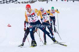 31.01.2021, Seefeld, Austria (AUT): Eric Frenzel (GER), Vinzenz Geiger (GER), Fabian Riessle (GER) (l-r)  - FIS world cup nordic combined men, individual gundersen HS109/15km, Seefeld (AUT). www.nordicfocus.com. © Volk/NordicFocus. Every downloaded picture is fee-liable.