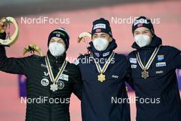 27.02.2021, Oberstdorf, Germany (GER): Ilkka Herola (FIN), Jarl Magnus Riiber (NOR), Jens Luraas Oftebro (NOR), (l-r)  - FIS nordic world ski championships nordic combined men, medals, Oberstdorf (GER). www.nordicfocus.com. © Thibaut/NordicFocus. Every downloaded picture is fee-liable.