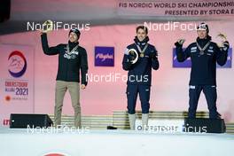 27.02.2021, Oberstdorf, Germany (GER): Ilkka Herola (FIN), Jarl Magnus Riiber (NOR), Jens Luraas Oftebro (NOR), (l-r) - FIS nordic world ski championships nordic combined men, medals, Oberstdorf (GER). www.nordicfocus.com. © Thibaut/NordicFocus. Every downloaded picture is fee-liable.