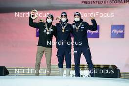 27.02.2021, Oberstdorf, Germany (GER): Ilkka Herola (FIN), Jarl Magnus Riiber (NOR), Jens Luraas Oftebro (NOR), (l-r)  - FIS nordic world ski championships nordic combined men, medals, Oberstdorf (GER). www.nordicfocus.com. © Thibaut/NordicFocus. Every downloaded picture is fee-liable.