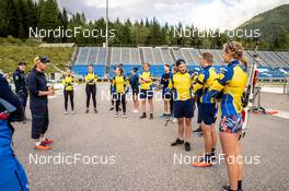 31.08.2022, Antholz, Italy (ITA): Johannes Lukas (GER), Johan Hagstrom (SWE), Tilda Johansson (SWE), Elvira Oeberg (SWE), Mona Brorsson (SWE), Johanna Skottheim (SWE), Sebastian Samuelsson (SWE), Jesper Nelin (SWE), Malte Stefansson (SWE), (l-r)  - Biathlon summer training, Antholz (ITA). www.nordicfocus.com. © Barbieri/NordicFocus. Every downloaded picture is fee-liable.