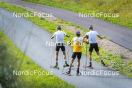 30.08.2022, Lavaze, Italy (ITA): Filip Fjeld Andersen (NOR), Tarjei Boe (NOR), Sturla Holm Laegreid (NOR), (l-r)  - Biathlon summer training, Lavaze (ITA). www.nordicfocus.com. © Vanzetta/NordicFocus. Every downloaded picture is fee-liable.