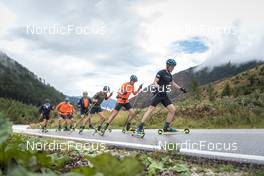 08.09.2022, Lavaze, Italy (ITA): Lukas Hofer (ITA), Oskar Brandt (SWE), Malte Stefansson (SWE), Jesper Nelin (SWE), Peppe Femling (SWE), Martin Ponsiluoma (SWE), Sebastian Samuelsson (SWE), (l-r)  - Biathlon summer training, Lavaze (ITA). www.nordicfocus.com. © Vanzetta/NordicFocus. Every downloaded picture is fee-liable.