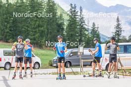 27.08.2022, Bessans, France (FRA): Emilien Jacquelin (FRA), Fabien Claude (FRA), Antonin Guigonnat (FRA), Emilien Claude (FRA), Quentin Fillon-Maillet (FRA), (l-r) - Biathlon summer training, Bessans (FRA). www.nordicfocus.com. © Authamayou/NordicFocus. Every downloaded picture is fee-liable.