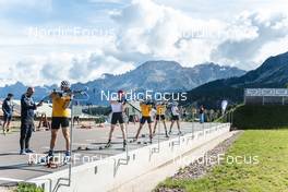 30.08.2022, Lavaze, Italy (ITA): Siegfried Mazet (FRA), Vetle Sjaastad Christiansen (NOR), Johannes Thingnes Boe (NOR), Sturla Holm Laegreid (NOR), Tarjei Boe (NOR), (l-r)  - Biathlon summer training, Lavaze (ITA). www.nordicfocus.com. © Vanzetta/NordicFocus. Every downloaded picture is fee-liable.