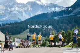 30.08.2022, Lavaze, Italy (ITA): Siegfried Mazet (FRA), Vetle Sjaastad Christiansen (NOR), Tarjei Boe (NOR), Sturla Holm Laegreid (NOR), Johannes Thingnes Boe (NOR), (l-r)  - Biathlon summer training, Lavaze (ITA). www.nordicfocus.com. © Vanzetta/NordicFocus. Every downloaded picture is fee-liable.