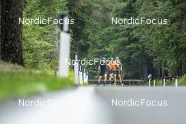 08.09.2022, Lavaze, Italy (ITA): Sebastian Samuelsson (SWE), Martin Ponsiluoma (SWE), Peppe Femling (SWE), (l-r)  - Biathlon summer training, Lavaze (ITA). www.nordicfocus.com. © Vanzetta/NordicFocus. Every downloaded picture is fee-liable.