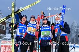 01.12.2022, Kontiolahti, Finland (FIN): Johannes Thingnes Boe (NOR), Tarjei Boe (NOR), Sturla Holm Laegreid (NOR), Vetle Sjaastad Christiansen (NOR), (l-r) - IBU World Cup Biathlon, relay men, Kontiolahti (FIN). www.nordicfocus.com. © Manzoni/NordicFocus. Every downloaded picture is fee-liable.