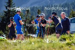 22.08.2022, Lavaze, Italy (ITA): Giandomenico Salvadori (ITA), Federico Pellegrino (ITA), Francesco De Fabiani (ITA), Paolo Ventura (ITA), Davide Graz (ITA), Markus Cramer (GER), (l-r)  - Cross-Country training, Lavaze (ITA). www.nordicfocus.com. © Barbieri/NordicFocus. Every downloaded picture is fee-liable.