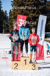 26.03.2022, Zweisimmen-Sparenmoos, Switzerland (SUI): Jon-Fadri Nufer (SUI), Isai Naeff (SUI), Silvan Lauber (SUI), (l-r) - Swiss Championships cross-country, mass, Zweisimmen-Sparenmoos (SUI). www.nordicfocus.com. © Modica/NordicFocus. Every downloaded picture is fee-liable.