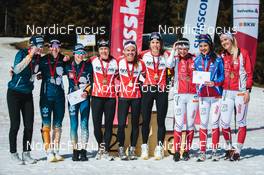 27.03.2022, Zweisimmen-Sparenmoos, Switzerland (SUI): Bianca Buholzer (SUI), Nadine Faehndrich (SUI), Nadia Steiger (SUI), Karoline Moen Guidon (SUI), Anja Weber (SUI), Laurien Van Der Graaff (SUI), Fabiana Wieser (SUI), Giuliana Werro (SUI), Helena Guntern (SUI), (l-r) - Swiss Championships cross-country, relay, Zweisimmen-Sparenmoos (SUI). www.nordicfocus.com. © Modica/NordicFocus. Every downloaded picture is fee-liable.