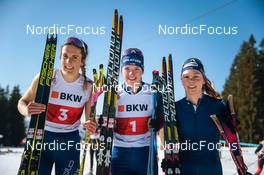 25.03.2022, Zweisimmen-Sparenmoos, Switzerland (SUI): Anja Weber (SUI), Nadine Faehndrich (SUI), Nadja Kaelin (SUI), (l-r)  - Swiss Championships cross-country, skiathlon, Zweisimmen-Sparenmoos (SUI). www.nordicfocus.com. © Modica/NordicFocus. Every downloaded picture is fee-liable.