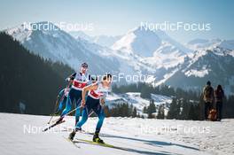 25.03.2022, Zweisimmen-Sparenmoos, Switzerland (SUI): Nadja Kaelin (SUI), Anja Weber (SUI), (l-r)  - Swiss Championships cross-country, skiathlon, Zweisimmen-Sparenmoos (SUI). www.nordicfocus.com. © Modica/NordicFocus. Every downloaded picture is fee-liable.