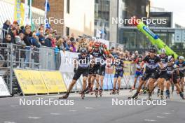 04.08.2023, Sandnes, Norway (NOR): Sturla Holm Laegreid (NOR), Benedikt Doll (GER), Quentin Fillon Maillet (FRA), (l-r) - BLINK23 Festival Biathlon - Sandnes (NOR). www.nordicfocus.com. © Manzoni/NordicFocus. Every downloaded picture is fee-liable.