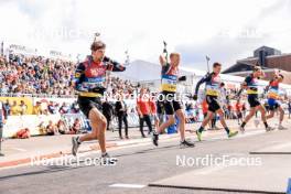 04.08.2023, Sandnes, Norway (NOR): Sturla Holm Laegreid (NOR), Roman Rees (GER), Justus Strelow (GER), (l-r) - BLINK23 Festival Biathlon - Sandnes (NOR). www.nordicfocus.com. © Manzoni/NordicFocus. Every downloaded picture is fee-liable.