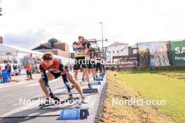 04.08.2023, Sandnes, Norway (NOR): Sturla Holm Laegreid (NOR), Roman Rees (GER), Justus Strelow (GER), (l-r) - BLINK23 Festival Biathlon - Sandnes (NOR). www.nordicfocus.com. © Manzoni/NordicFocus. Every downloaded picture is fee-liable.