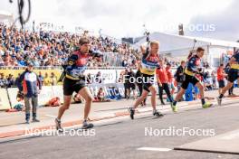 04.08.2023, Sandnes, Norway (NOR): Sturla Holm Laegreid (NOR), Roman Rees (GER), Justus Strelow (GER), (l-r) - BLINK23 Festival Biathlon - Sandnes (NOR). www.nordicfocus.com. © Manzoni/NordicFocus. Every downloaded picture is fee-liable.