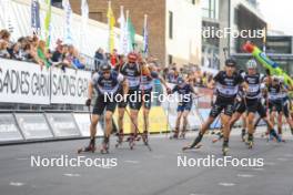 04.08.2023, Sandnes, Norway (NOR): Sturla Holm Laegreid (NOR), Benedikt Doll (GER), Quentin Fillon Maillet (FRA), (l-r) - BLINK23 Festival Biathlon - Sandnes (NOR). www.nordicfocus.com. © Manzoni/NordicFocus. Every downloaded picture is fee-liable.