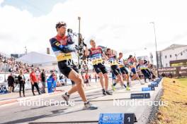 04.08.2023, Sandnes, Norway (NOR): Sturla Holm Laegreid (NOR), Roman Rees (GER), Justus Strelow (GER), (l-r) - BLINK23 Festival Biathlon - Sandnes (NOR). www.nordicfocus.com. © Manzoni/NordicFocus. Every downloaded picture is fee-liable.