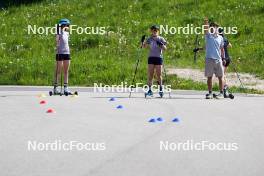 01.06.2023, La Feclaz, France (FRA): Paula Botet (FRA), Sophie Chauveau (FRA), Cyril Burdet (FRA), coach Team France, (l-r) - Biathlon summer training, La Feclaz (FRA). www.nordicfocus.com. © Joly/NordicFocus. Every downloaded picture is fee-liable.