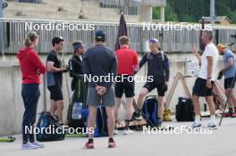 04.06.2023, Ruhpolding, Germany (GER): Niklas Hartweg (SUI), Daniel Hackhofer (ITA), coach Team Switzerland, Sebastian Stalder (SUI), Gion Stalder (SUI), Remo Krug (GER) coach Team Switzerland, Dajan Danuser (SUI), (l-r) - Biathlon summer training, Ruhpolding (GER). www.nordicfocus.com. © Reiter/NordicFocus. Every downloaded picture is fee-liable.