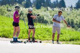 01.06.2023, La Feclaz, France (FRA): Gilonne Guigonnat (FRA), Chloe Chevalier (FRA), Cyril Burdet (FRA), coach Team France, (l-r) - Biathlon summer training, La Feclaz (FRA). www.nordicfocus.com. © Joly/NordicFocus. Every downloaded picture is fee-liable.