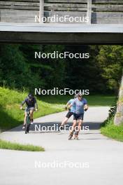 04.06.2023, Ruhpolding, Germany (GER): Daniel Hackhofer (ITA), coach Team Switzerland, Dajan Danuser (SUI), Gion Stalder (SUI), (l-r) - Biathlon summer training, Ruhpolding (GER). www.nordicfocus.com. © Reiter/NordicFocus. Every downloaded picture is fee-liable.