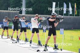 04.06.2023, Ruhpolding, Germany (GER): Dajan Danuser (SUI), Jeremy Finello (SUI), Gion Stalder (SUI), Sebastian Stalder (SUI), Niklas Hartweg (SUI), (l-r) - Biathlon summer training, Ruhpolding (GER). www.nordicfocus.com. © Reiter/NordicFocus. Every downloaded picture is fee-liable.