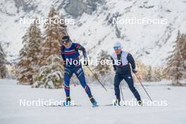 03.11.2023, Bessans, France (FRA): Julia Simon (FRA), Cyril Burdet (FRA), Coach Team France, (l-r) - Biathlon training, Bessans (FRA). www.nordicfocus.com. © Authamayou/NordicFocus. Every downloaded picture is fee-liable.