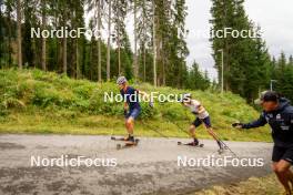 29.08.2023, Obertilliach, Austria (AUT): Filip Fjeld Andersen (NOR), Sturla Holm Laegreid (NOR), Egil Kristiansen (NOR), (l-r)  - Biathlon summer training, Obertilliach (AUT). www.nordicfocus.com. © Barbieri/NordicFocus. Every downloaded picture is fee-liable.