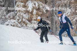 03.11.2023, Bessans, France (FRA): Simon Fourcade (FRA), Coach Team France, Antonin Guigonnat (FRA), (l-r) - Biathlon training, Bessans (FRA). www.nordicfocus.com. © Authamayou/NordicFocus. Every downloaded picture is fee-liable.