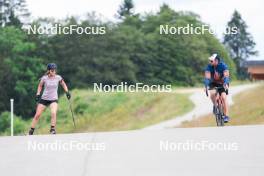 04.07.2023, Premanon, France (FRA): Chloe Chevalier (FRA), Louis Deschamps (FRA), (l-r) - Biathlon summer training, La Premanon (FRA). www.nordicfocus.com. © Manzoni/NordicFocus. Every downloaded picture is fee-liable.
