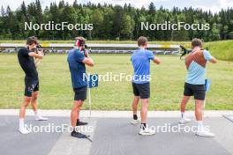 04.07.2023, Premanon, France (FRA): Eric Perrot (FRA), Emilien Claude (FRA), Antonin Guigonnat (FRA), Fabien Claude (FRA), (l-r) - Biathlon summer training, La Premanon (FRA). www.nordicfocus.com. © Manzoni/NordicFocus. Every downloaded picture is fee-liable.