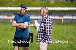 01.06.2023, La Feclaz, France (FRA): Patrick Favre (ITA), coach Team France, Jean Paul Giachino (FRA), (l-r) - Biathlon summer training, La Feclaz (FRA). www.nordicfocus.com. © Joly/NordicFocus. Every downloaded picture is fee-liable.