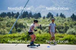 01.06.2023, La Feclaz, France (FRA): Sophie Chauveau (FRA), Cyril Burdet (FRA), coach Team France, (l-r) - Biathlon summer training, La Feclaz (FRA). www.nordicfocus.com. © Joly/NordicFocus. Every downloaded picture is fee-liable.