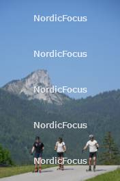 03.06.2023, Ruhpolding, Germany (GER): Daniel Hackhofer (ITA), coach Team Switzerland, Dajan Danuser (SUI), Niklas Hartweg (SUI), (l-r) - Biathlon summer training, Ruhpolding (GER). www.nordicfocus.com. © Reiter/NordicFocus. Every downloaded picture is fee-liable.