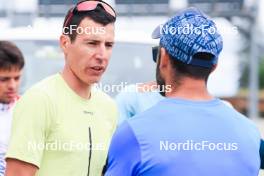 04.07.2023, Premanon, France (FRA): Quentin Fillon Maillet (FRA), Simon Fourcade (FRA), (l-r) - Biathlon summer training, La Premanon (FRA). www.nordicfocus.com. © Manzoni/NordicFocus. Every downloaded picture is fee-liable.