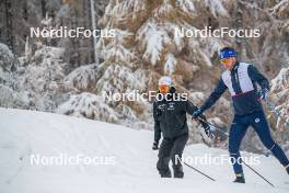 03.11.2023, Bessans, France (FRA): Simon Fourcade (FRA), Coach Team France, Antonin Guigonnat (FRA), (l-r) - Biathlon training, Bessans (FRA). www.nordicfocus.com. © Authamayou/NordicFocus. Every downloaded picture is fee-liable.