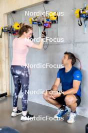 19.05.2023, Lenzerheide, Switzerland (SUI): Elisa Gasparin (SUI), Christoph Eigenmann (SUI), (l-r) - Biathlon summer training, Lenzerheide (SUI). www.nordicfocus.com. © Manzoni/NordicFocus. Every downloaded picture is fee-liable.